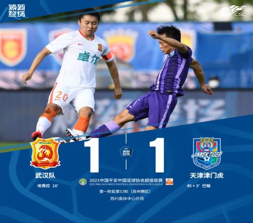 中超战报：武汉1-1战平津门虎，赛季至今不胜