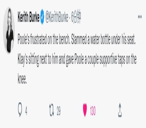 队记：普尔在板凳席上沮丧摔水杯 克莱拍其膝盖表达支持