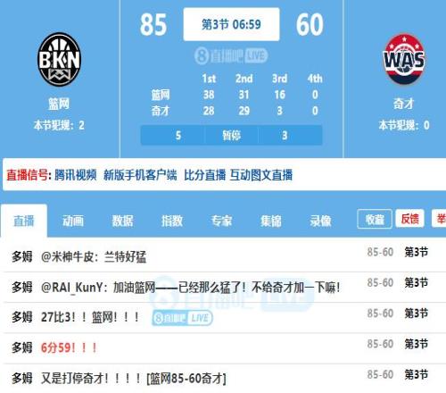 篮网轰出27-3再度打停奇才 第三节未过半已领先25分