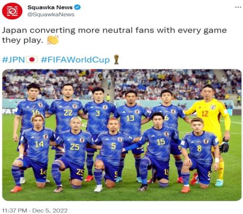 Squawka称赞日本队:比赛越踢,吸粉越多