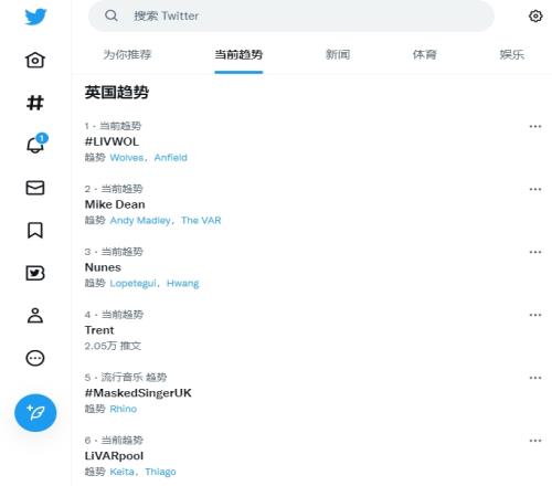 利物浦vs狼队相关话题占据推特英国区热搜榜,“LiVARpool”第六
