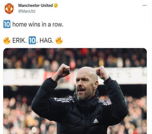 双关语!曼联官推晒滕哈赫单人照:主场10连胜,Erik 10 Hag