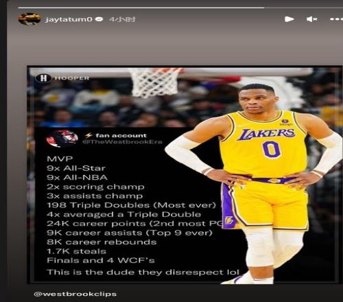塔图姆转发威少生涯荣誉:1次MVP 4次赛季场均三双&9届最佳阵容
