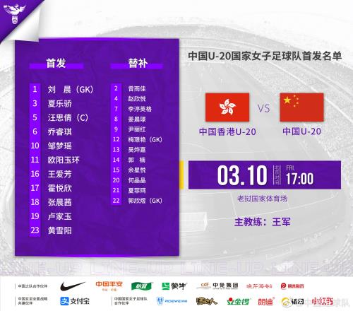 U20女足亚预赛-中国vs中国香港首发：乔睿琪、邹梦瑶先发