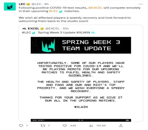 LEC联赛：因受新冠影响，Excel将远程参与LEC的最后一周赛程