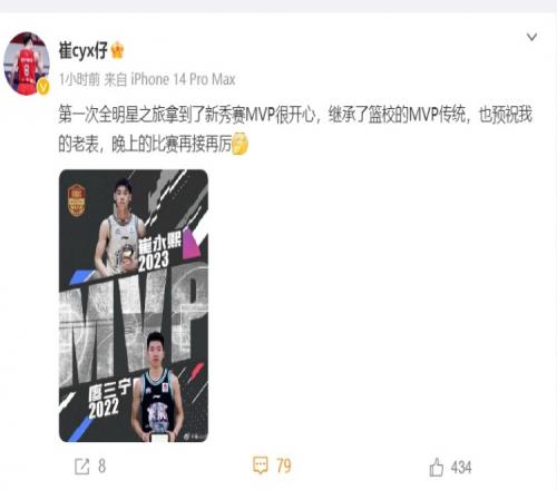 未来之星!崔永熙更博:第一次全明星拿到了新秀赛MVP很开心