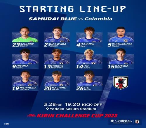 麒麟杯-日本vs哥伦比亚首发:三笘薫先发,镰田大地出战