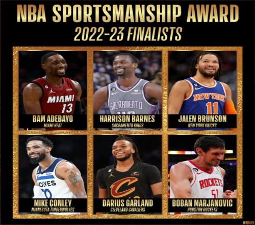 2022-23赛季NBA体育道德风尚奖候选人:布伦森康利博班领衔