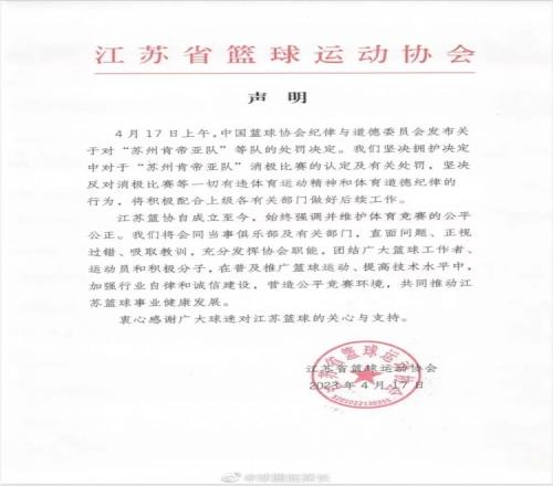 江苏篮协声明：坚决拥护中国篮协决定 直面问题正视过错
