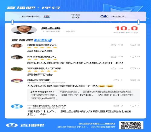 申花四胜一平,吧友给主帅吴金贵打出罕见10分,称他“吴里尼奥”