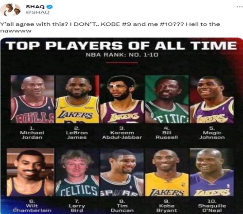 NBA历史TOP10科比九奥胖十奥尼尔：我不同意见鬼去吧