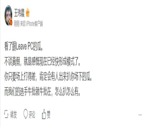 王玮晨怒评Leave疑似嫖娼：我们的选手太牛叉了怎么扒怎么有！