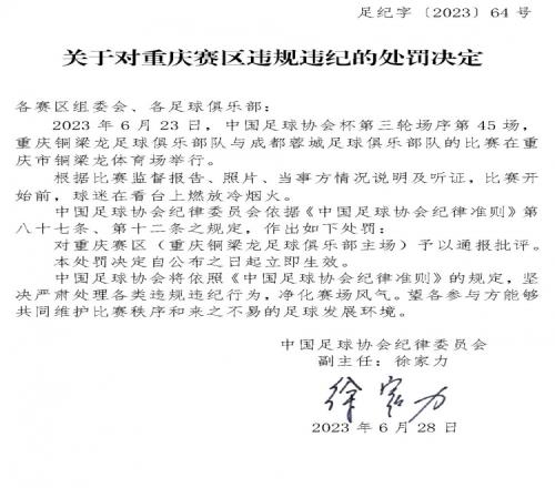 足协官方：因球迷在看台燃放冷烟火，对重庆赛区予以通报批评