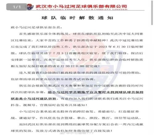 晋级中冠全国总决赛后，武汉小马过河队宣布临时解散