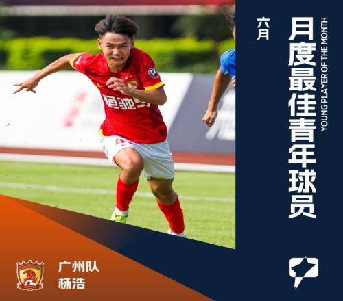中甲官方:4场2球,18岁广州队球员杨浩当选6月最佳青年球员