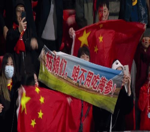 不吃海参也能赢女足vs海地看台球迷打出“姑娘们，咱不用吃海参”横幅
