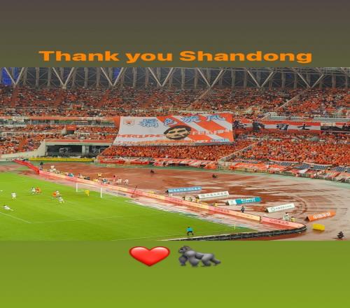 费莱尼晒图感谢球迷制作tifo:感谢山东