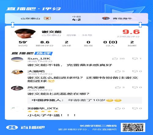 吧友神评：谢文这么能进球吗还要特别备注谢文能进球
