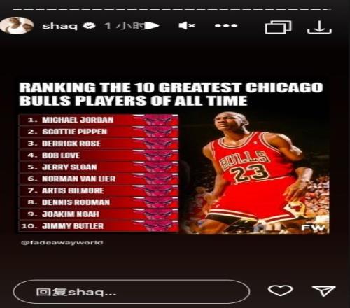 奥尼尔转发公牛队史TOP10:乔丹&皮蓬前二罗斯第三巴特勒第十