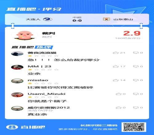 裁判抢戏吧友评大连人vs泰山裁判：怎么给0分&比赛吹得支离破碎