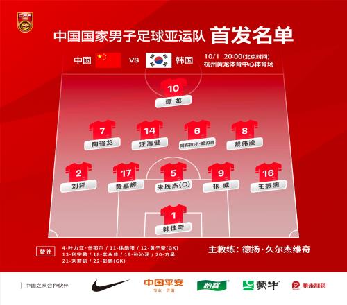 中国亚运男足队vs韩国首发:541阵型,谭龙突前,戴伟浚拉边