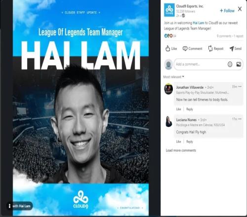 C9官宣:前C9中单Hai升任LOL分部战队经理
