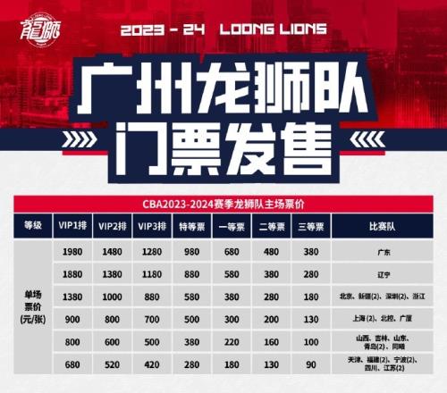 广州龙狮主场门票发售:单场最低90元套票低至3580元