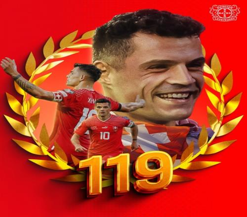 119次出场!勒沃库森祝贺扎卡打破瑞士国家队出场纪录