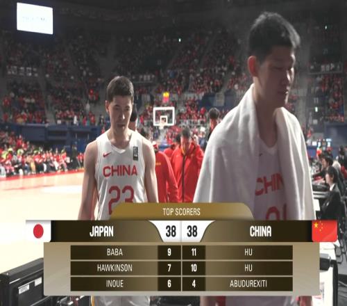 半场：胡明轩11+4胡金秋10+3中国男篮3838打平日本男篮