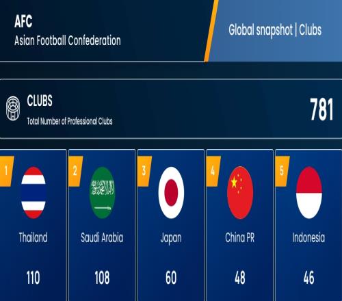 亚足联职业俱乐部数：中国48家第4泰国110，沙特108，日本60