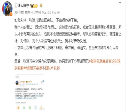 媒体人：如我所料，张琳芃退出国家队，不由得他说了算