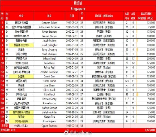 新加坡队客战中国23人大名单调整5名球员，3名华裔球员补充入队