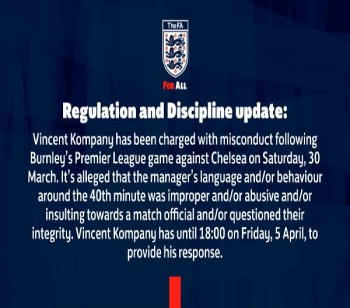 英足总官方：孔帕尼对阵切尔西行为不当须于4月5日下午6点前回应