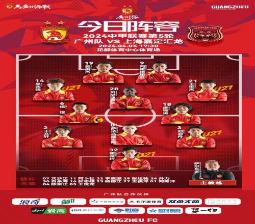 一起加油!!!广州队今日首发:队长侯煜领衔,三外援上阵