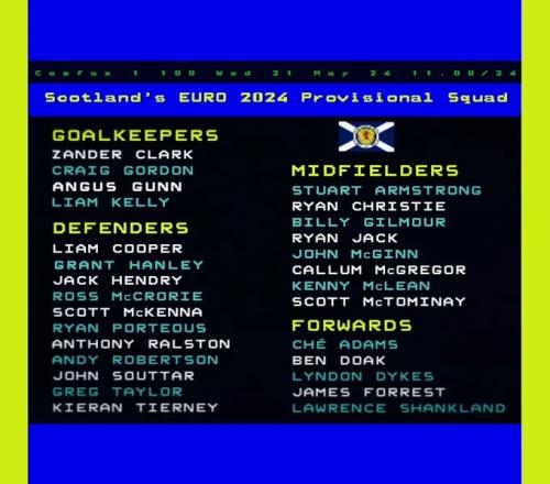 苏格兰欧洲杯初选名单：罗伯逊、麦克托米奈、麦金、蒂尔尼领衔