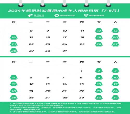 腾讯游戏暑期未成年人限玩日历公布，合计可玩23小时