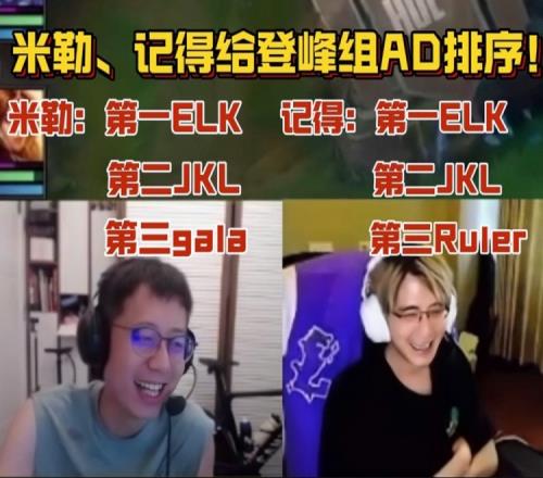 米勒、记得给登峰组AD排序！记得：Elk、JKL、Ruler，不分顺序