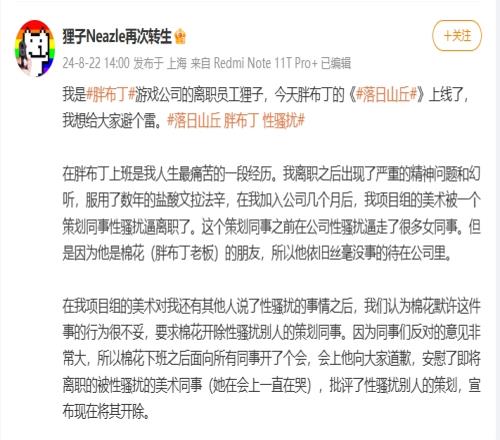 胖布丁游戏公司前员工透露自己曾被性骚扰：离职后出现严重精神问题