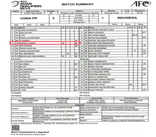 亚足联给出错误信息！比赛报告张玉宁没有黄牌，下轮战巴林不停赛