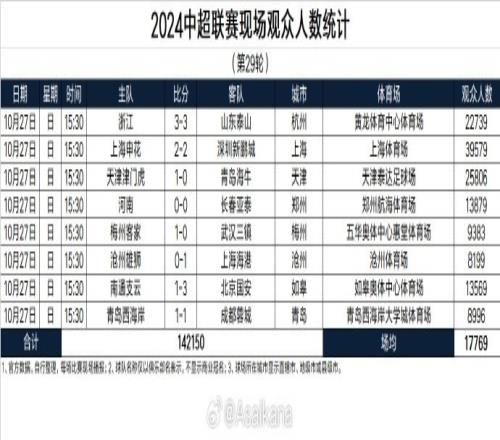 2024中超联赛现场观众人数统计第29轮