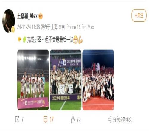 王燊超社媒庆祝足协杯夺冠:完成拼图,但不会是最后一块