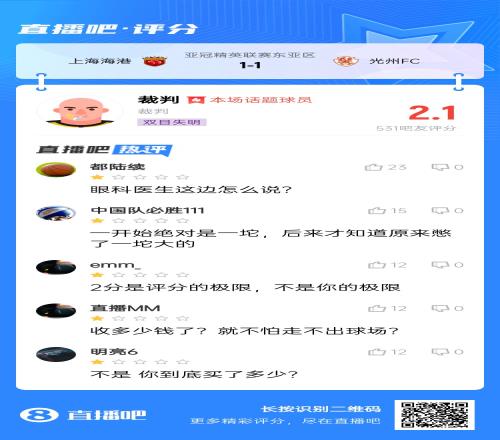 阿曼主裁赛后仅获2.1分:禁区内手球未判,光州18次犯规0黄牌