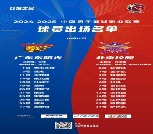 广东VS北控大名单:里勒&邹雨宸缺阵徐杰&陈国豪在列