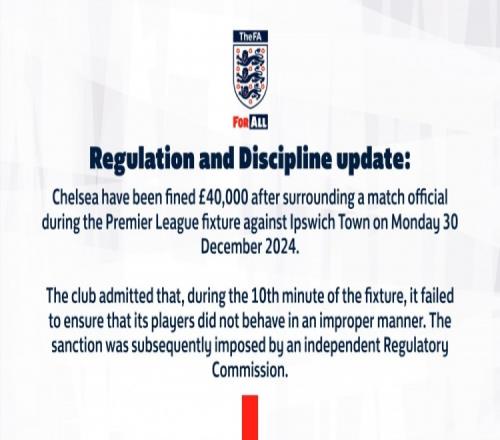 官方:切尔西因对阵伊镇时围堵裁判,被英足总罚款4万英镑