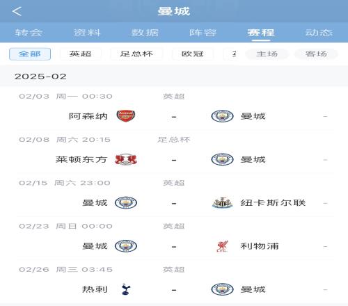 瑟瑟发抖！曼城2月将对枪手纽卡红军热刺+2场欧冠附加赛对皇仁