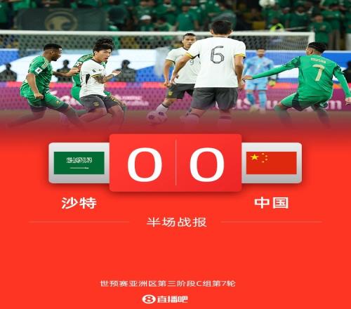 半场国足暂00沙特林良铭直红蒋光太伤退沙特中框+进球手球被吹