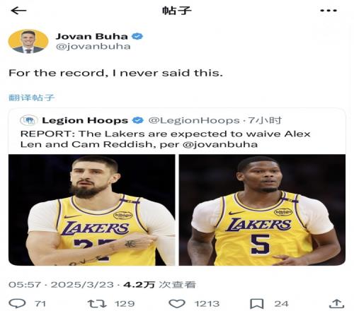 湖人队记Buha辟谣:我从未说过湖人预计将裁掉莱恩和雷迪什