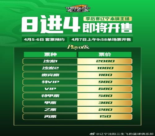 辽篮季后赛球票7号开售最低150元沙发座1880&2080两档