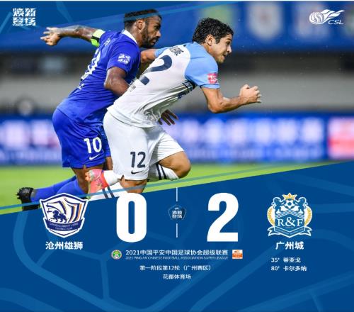 中超战报:沧州雄狮0-2不敌广州城,吉列尔梅助攻梅开二度