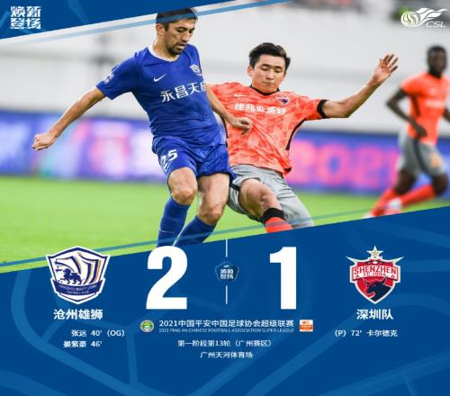 中超战报:沧州雄狮2-1送深圳三连败,卡尔德克复出破门